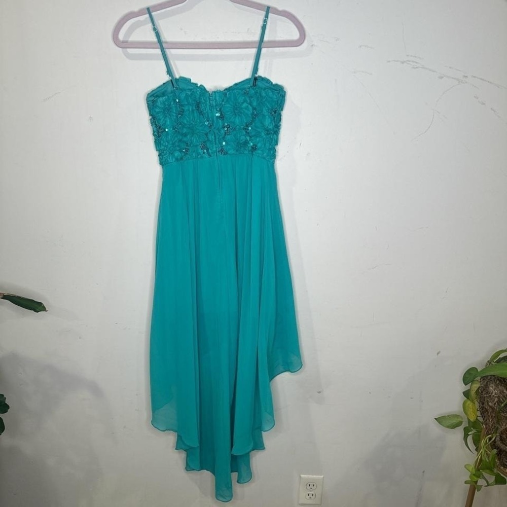 Y2K Fairy Whimsical Teal high low prom dress with sequins flower detail 5 Smal - Picture 3 of 8